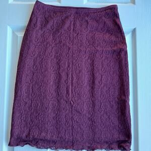 Burgundy Lace Pencil Midi Skirt M Fairweather Studio lined stretch floral